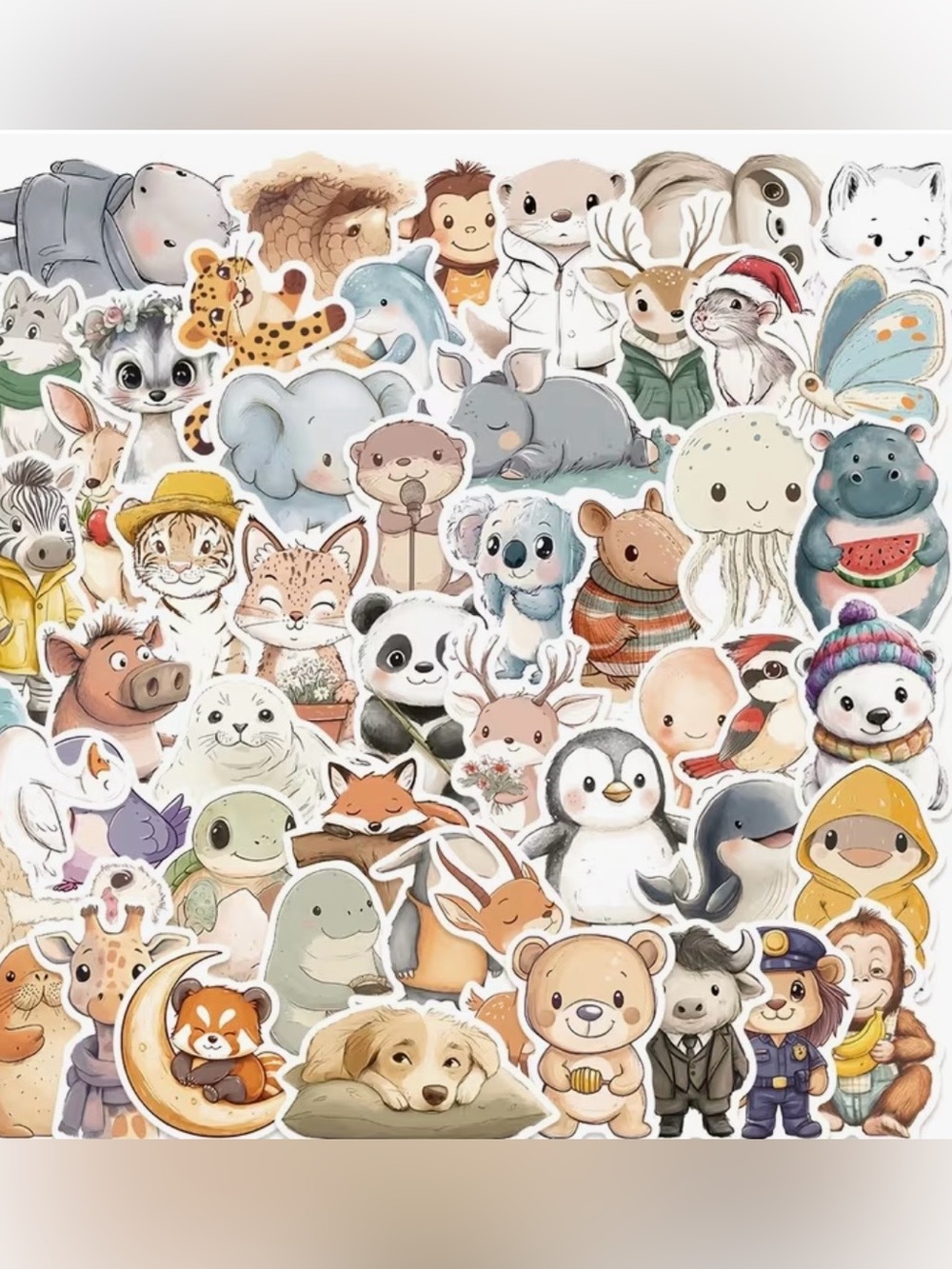 50 Cute Pastel Animal Stickers Cozy Woodland, Zoo, Pets, Jungle & Ocean Friends